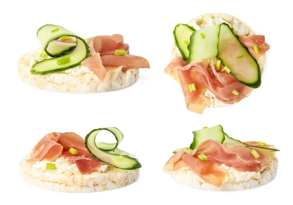Puffed corn cake with prosciutto and cucumber on white background, view from different sides