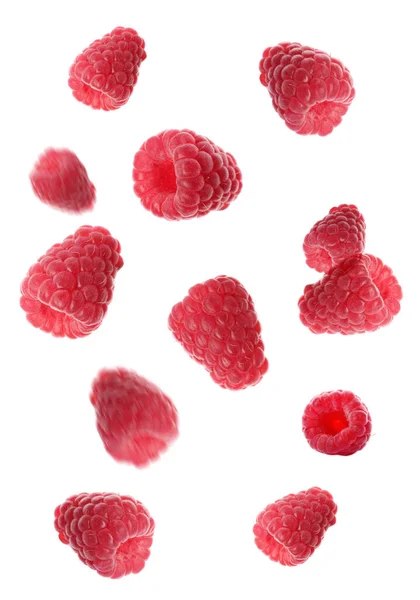 Fresh Ripe Raspberries Falling White Background — Stock Photo, Image