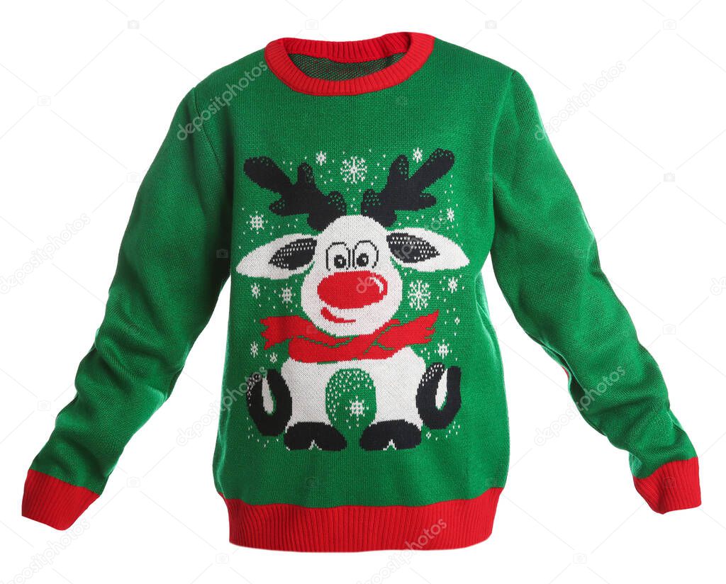 Warm Christmas sweater with reindeer and snowflakes on white background