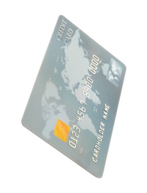 Gri plastik kredi kartı beyaza izole edilmiş.