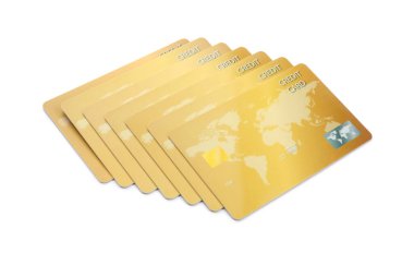 Beyaz arkaplanda altın plastik kredi kartları