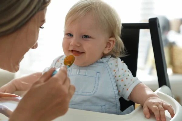 Mother Feeding Her Cute Little Baby Healthy Food Home — Stock Photo, Image