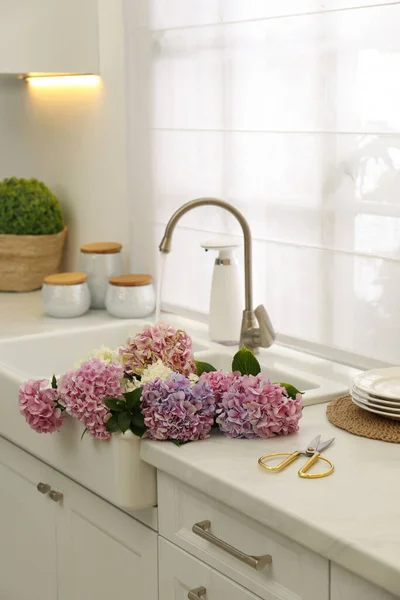 Bouquet Avec Belles Fleurs Hortensia Dans Évier — Photo