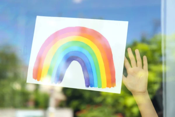 Closeup Little Girl Rainbow Picture Window View Outdoors Stay Home — Stock Photo, Image