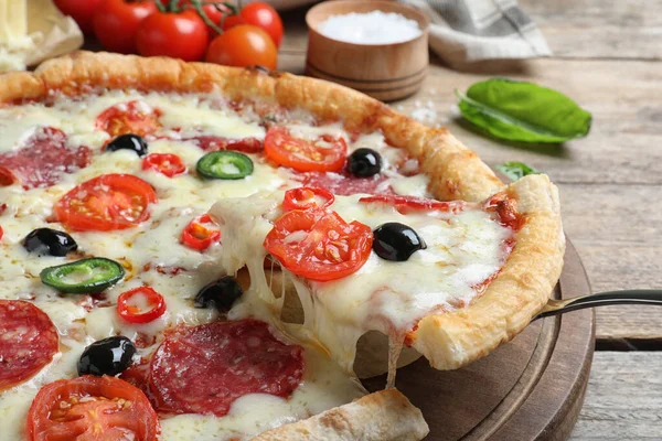 Taking Slice Delicious Pizza Diablo Wooden Table Closeup — Stock Photo, Image