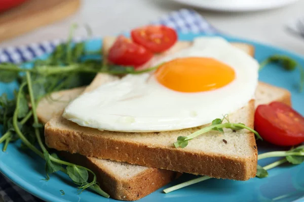 Leckeres Spiegelei Mit Brot Und Garnitur Auf Blauem Teller Nahaufnahme — Stockfoto