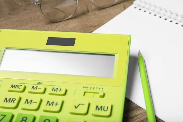 Calculator Notebook Pencil Glasses Wooden Table Closeup Tax Accounting — Stock Photo, Image