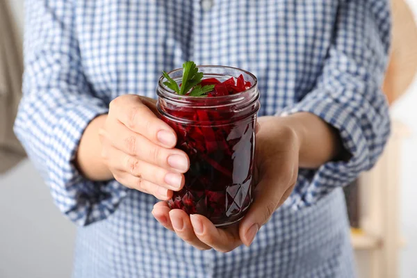 Woman holding glass jar with pickled beets, closeup — Stock Image Woman Holding Glass Jar Pickled Beets Closeup Stock Photo