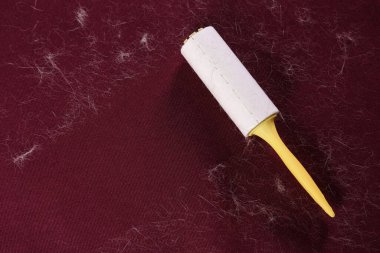 Saçla kaplı kırmızı kumaş üzerinde pamuk tutacağı, üst manzara. Metin için boşluk