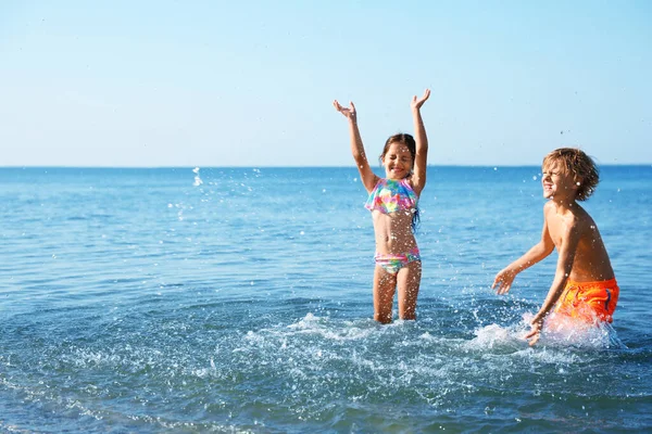 Cute Little Children Having Fun Sea Sunny Day Beach Holiday — Stock Photo, Image