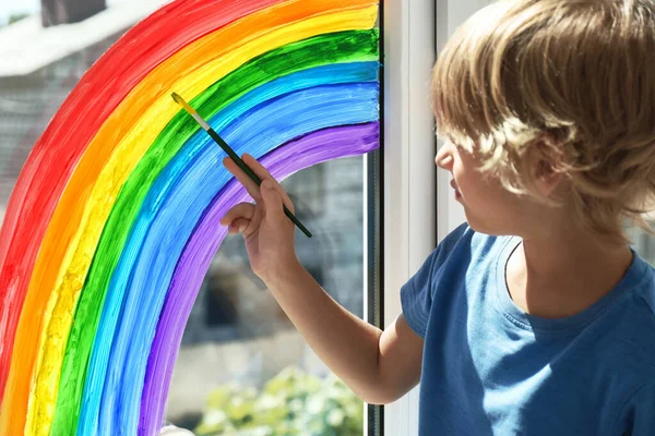 Little Boy Drawing Rainbow Window Indoors Stay Home Concept — Stock Photo, Image