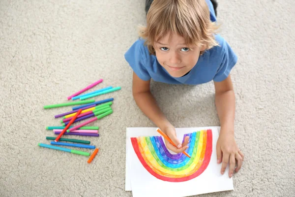 Little Boy Drawing Rainbow Floor Indoors View Stay Home Concept — Stock Photo, Image