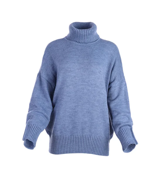 Stylowy Ciepły Niebieski Sweter Odizolowany Biało — Zdjęcie stockowe