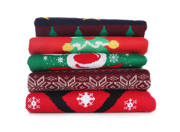 Stack Warm Christmas Sweaters Isolated White — Stock Photo, Image