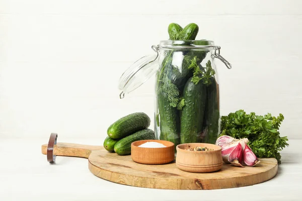 Pickling jar with fresh ripe cucumbers and spices on white wooden table — Stock Image Pickling Jar Fresh Ripe Cucumbers Spices White Wooden Table Stock Picture
