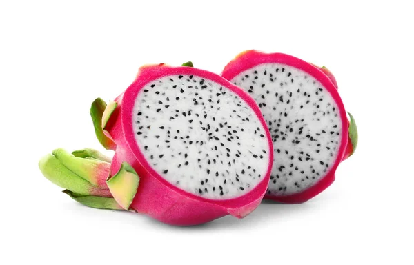 Helften Van Heerlijke Rijpe Drakenvruchten Pitahaya Witte Achtergrond — Stockfoto