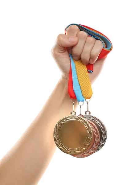 Woman Holding Medals White Background Closeup Space Design — Stock Photo, Image