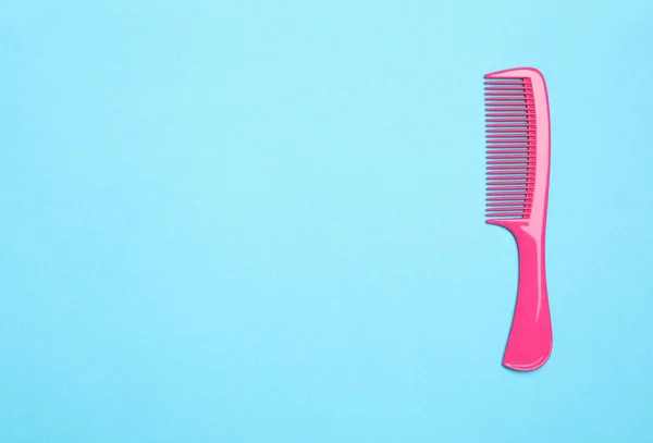 Modern Pink Hair Comb Light Blue Background Top View Space — Stock Photo, Image