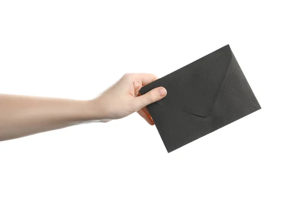 Woman Holding Black Paper Envelope White Background Closeup — Stock Photo, Image