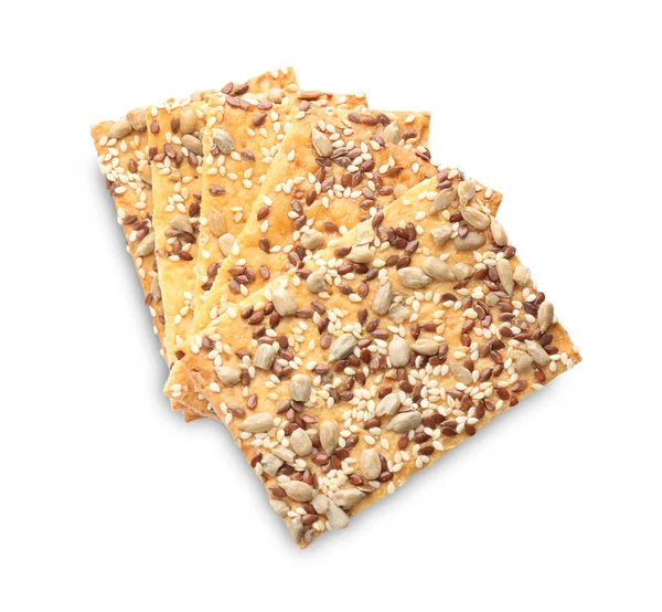 Stapel Köstlicher Knuspriger Cracker Mit Sonnenblumen Leinsamen Und Sesam Auf — Stockfoto
