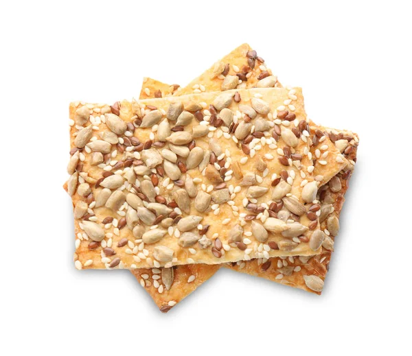 Köstliche Knusprige Cracker Mit Verschiedenen Samen Isoliert Auf Weiß Von — Stockfoto