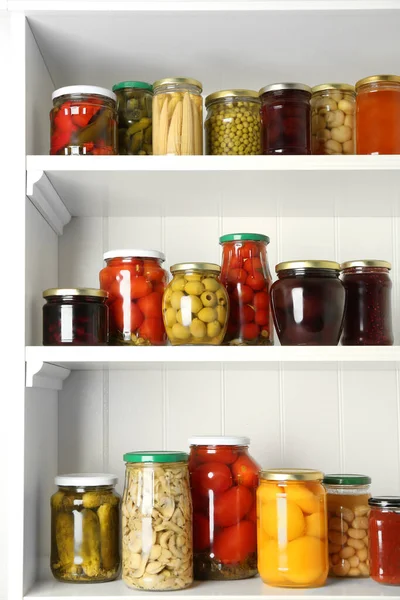 Jars Pickled Fruits Vegetables White Wooden Shelves — Stock Photo, Image