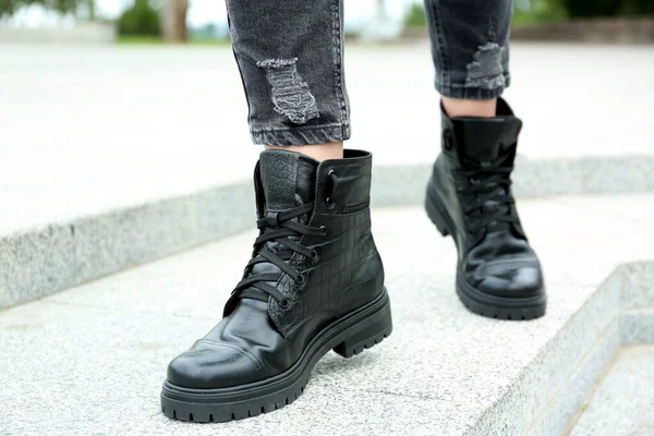 Woman Wearing Comfortable Stylish Boots Outdoors Closeup — Stock Photo, Image