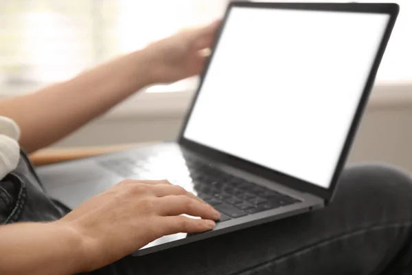 Woman Working Modern Laptop Indoors Closeup Stock Image