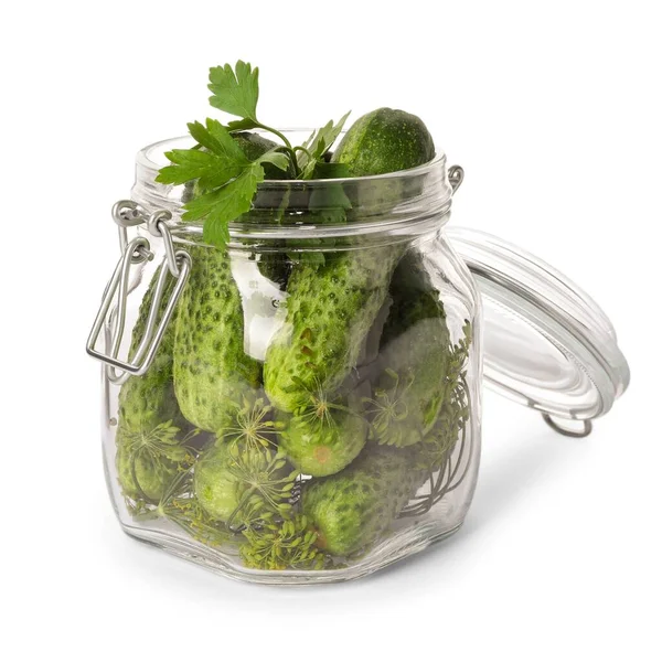 Pickling jar with fresh cucumbers isolated on white — Stock Image Pickling Jar Fresh Cucumbers Isolated White Stock Image