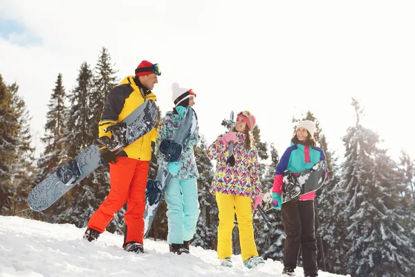 雪の斜面に装備を持つ友人のグループ 冬休み — ストック写真