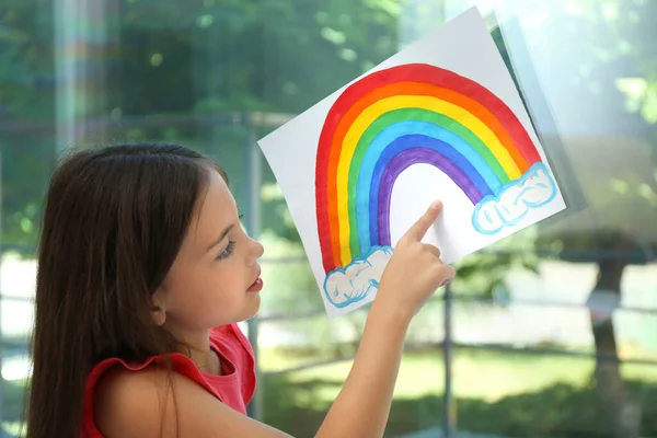 Little Girl Picture Rainbow Window Indoors Stay Home Concept — Stock Photo, Image