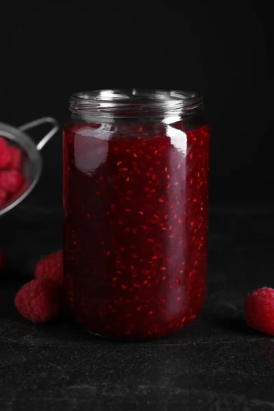 Delicious Jam Fresh Raspberries Black Slate Table Closeup — Stock Photo, Image