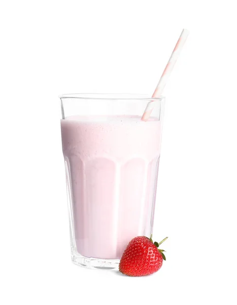 Tasty Strawberry Milk Shake Fresh Berry Isolated White — Stock Photo, Image