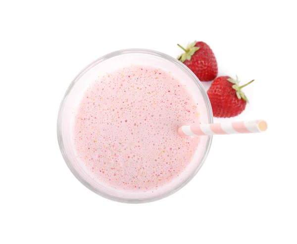 Savoureux Milk Shake Aux Fraises Baies Fraîches Isolé Sur Blanc — Photo