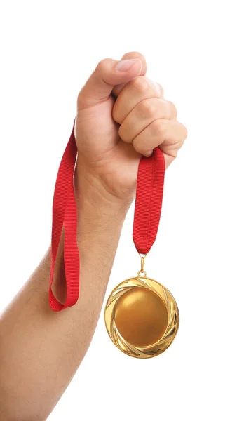 Man Holding Golden Medal White Background Closeup Space Design — Stock Photo, Image