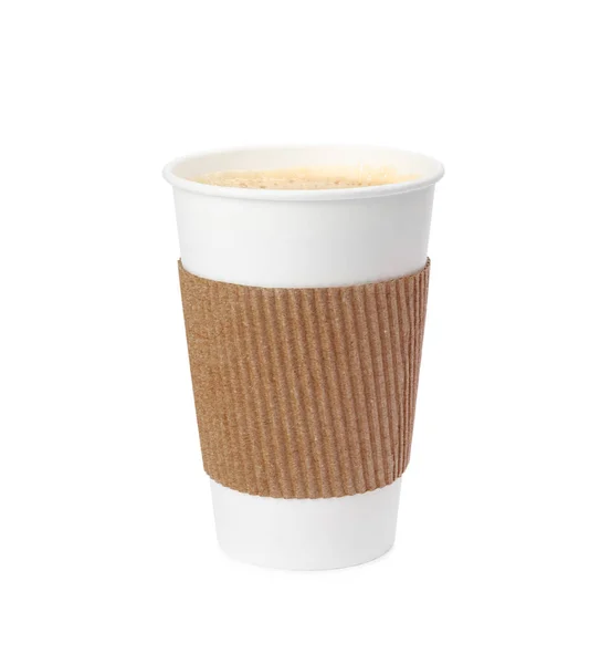 Varmt Kaffe Takeaway Pappersmugg Med Kartong Ärm Isolerad Vitt — Stockfoto