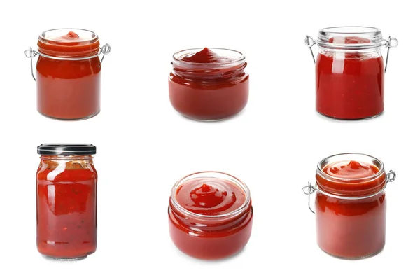 Set Salsas Tomate Frascos Vidrio Sobre Fondo Blanco —  Fotos de Stock