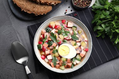 Gri masada servis edilen kvass ile nefis soğuk okroshka. Geleneksel Rus yaz çorbası