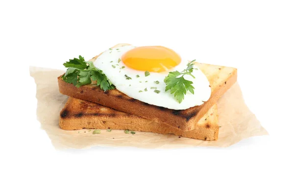 Sabroso Huevo Frito Con Tostadas Perejil Aislado Blanco — Foto de Stock