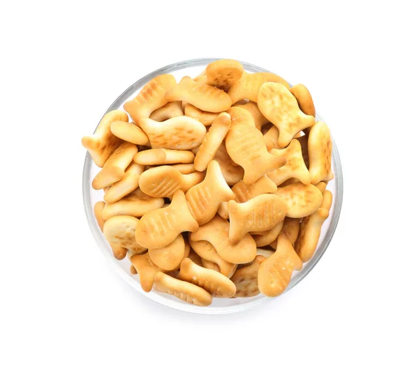 Deliciosos Biscoitos Peixe Dourado Tigela Isolada Branco — Fotografia de Stock