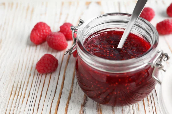 Delicious Jam Fresh Raspberries White Wooden Table Closeup — Stock Photo, Image