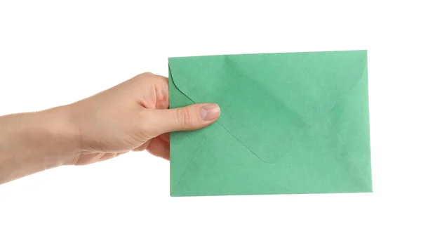 Mulher Segurando Envelope Papel Verde Fundo Branco Close — Fotografia de Stock