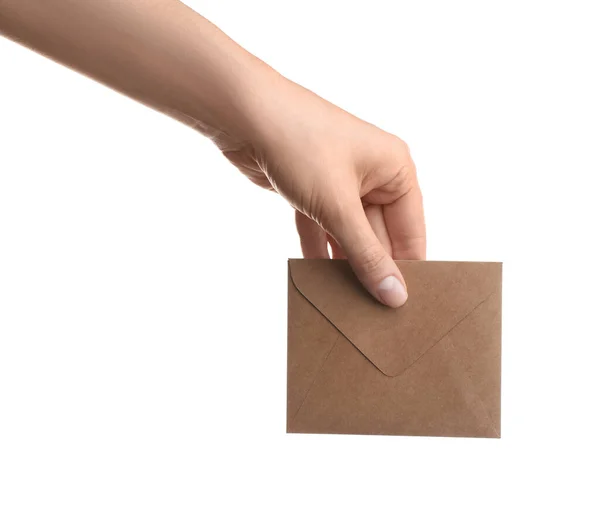 Vrouw Met Bruine Papieren Envelop Witte Achtergrond Close — Stockfoto