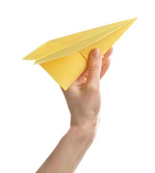 Mulher Segurando Avião Papel Amarelo Fundo Branco Close — Fotografia de Stock
