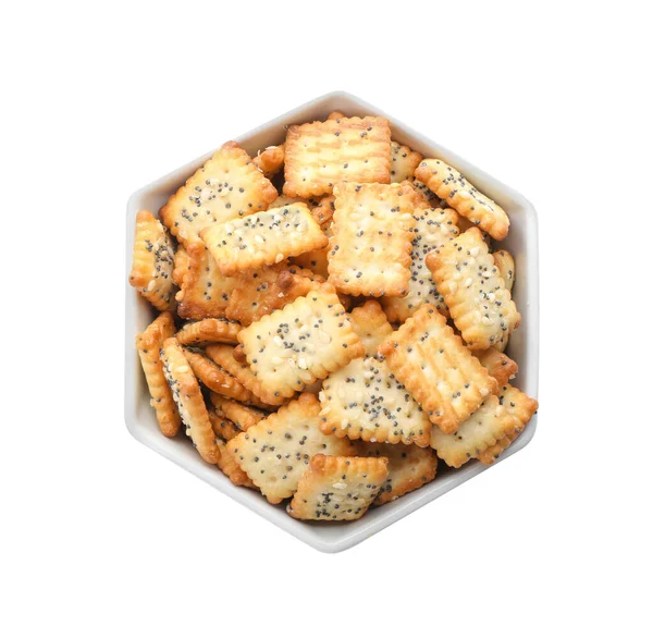 Delicious Crackers Bowl Isolated White Top View — Stock Photo, Image