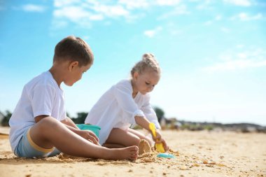 Küçük çocuklar dışarıda sahilde oynuyorlar.