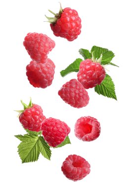 Taze olgun ahududu ve yeşil yapraklar beyaz arka plana dökülüyor.