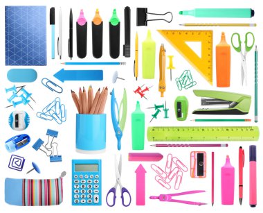 Set of bright school stationery on white background clipart