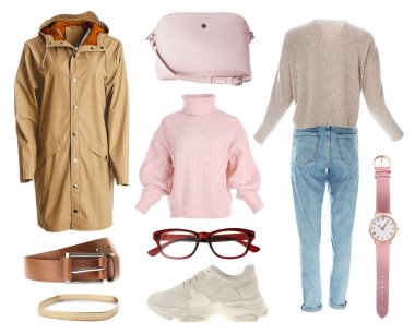 Beyaz arka planda şık kıyafetler. Sonbahar görünümü