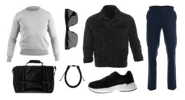 Beyaz arka planda şık kıyafetler. Sonbahar görünümü